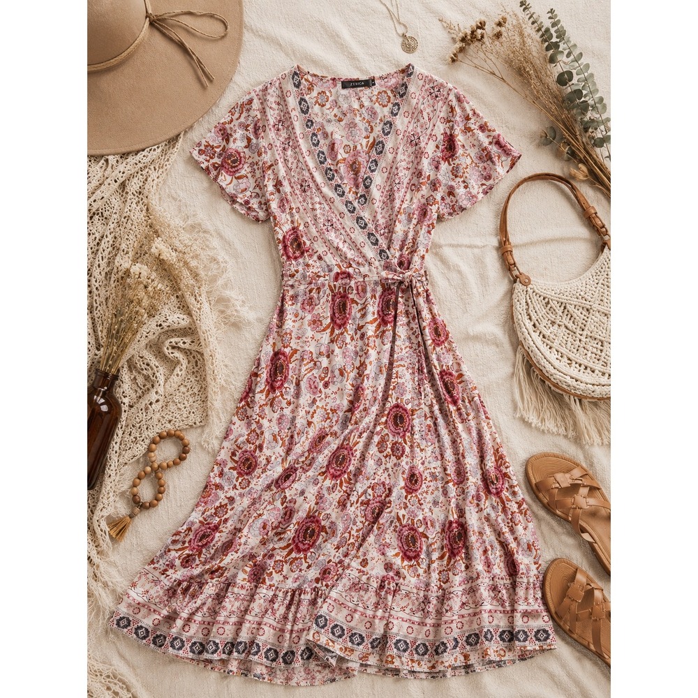 ZESICA Floral Boho Wrap Dress M Cottagecore Prairie Maxi Dress Romantic Feminine